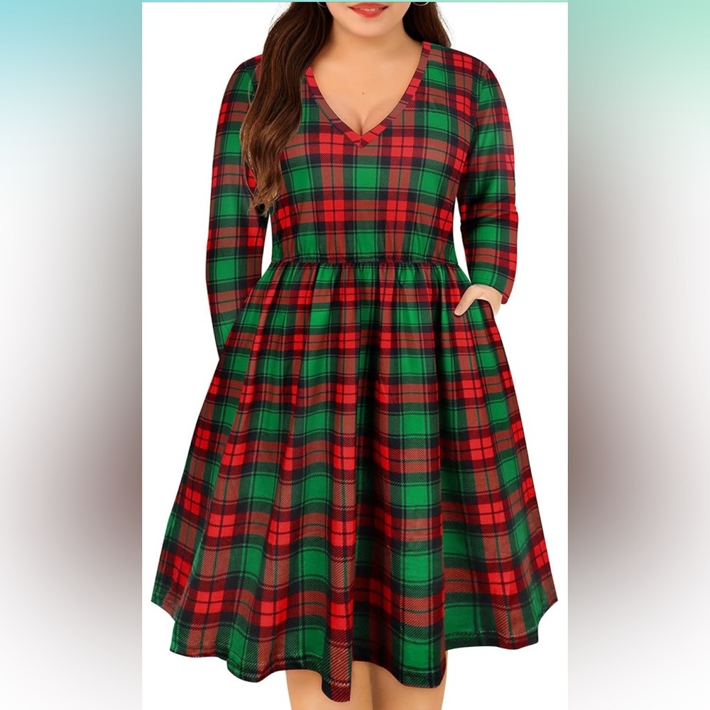 NEW Red and Green plaid long sleeve knee length dress